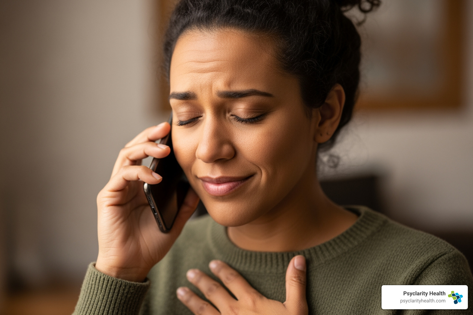 person holding phone looking relieved - Mental Health Help Alameda County, CA