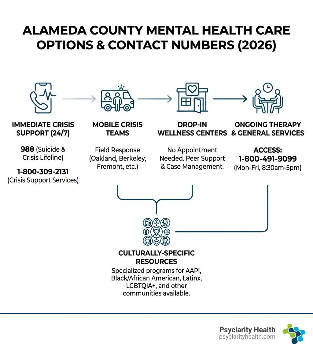infographic showing mental health care options in alameda county from crisis hotlines to mobile teams to wellness centers to ongoing therapy with contact numbers - Mental Health Help Alameda County, CA infographic 