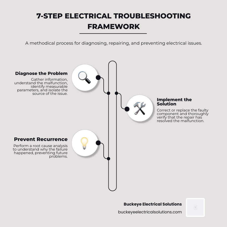 infographic showing the 7-step electrical troubleshooting framework with icons: 1) clipboard for gathering information, 2) broken circuit symbol for understanding malfunction, 3) voltage meter for identifying parameters, 4) magnifying glass for isolating source, 5) wrench for correcting component, 6) checkmark for verifying repair, 7) lightbulb for root cause analysis - electrical troubleshooting infographic infographic-line-3-steps-elegant_beige infographic showing the 7-step electrical troubleshooting framework with icons: 1) clipboard for gathering information, 2) broken circuit symbol for understanding malfunction, 3) voltage meter for identifying parameters, 4) magnifying glass for isolating source, 5) wrench for correcting component, 6) checkmark for verifying repair, 7) lightbulb for root cause analysis - electrical troubleshooting infographic infographic-line-3-steps-elegant_beige