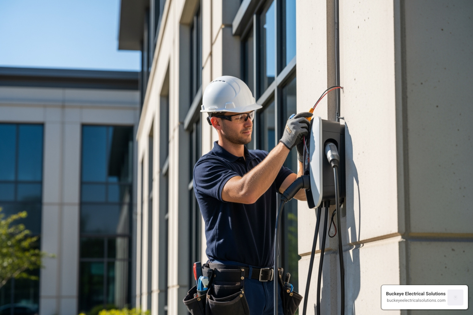 electrician installing an EV charging station at a commercial property - commercial electrical services electrician installing an EV charging station at a commercial property - commercial electrical services