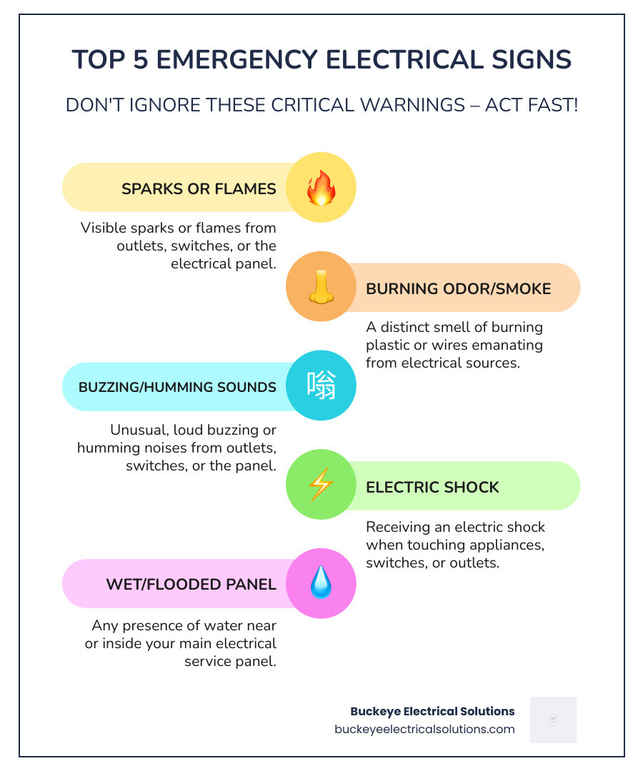Infographic showing the top 5 signs of an electrical emergency: 1. Sparks or flames from outlets or panels, 2. Burning smell or smoke from electrical sources, 3. Buzzing or humming sounds from your electrical system, 4. Electric shock from appliances or switches, 5. Wet or flooded electrical panel - emergency electrical service northeast ohio infographic infographic-line-5-steps-colors