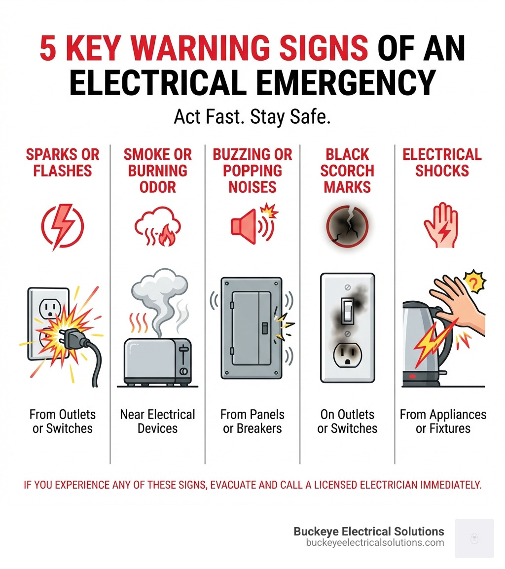 infographic showing five key warning signs of an electrical emergency: sparks or bright flashes from outlets, smoke or burning odor near electrical devices, buzzing or popping noises from panels, black scorch marks on outlets or switches, and electrical shocks from appliances—with red warning icons and clear illustrations of each scenario - emergency residential electrical repair infographic 