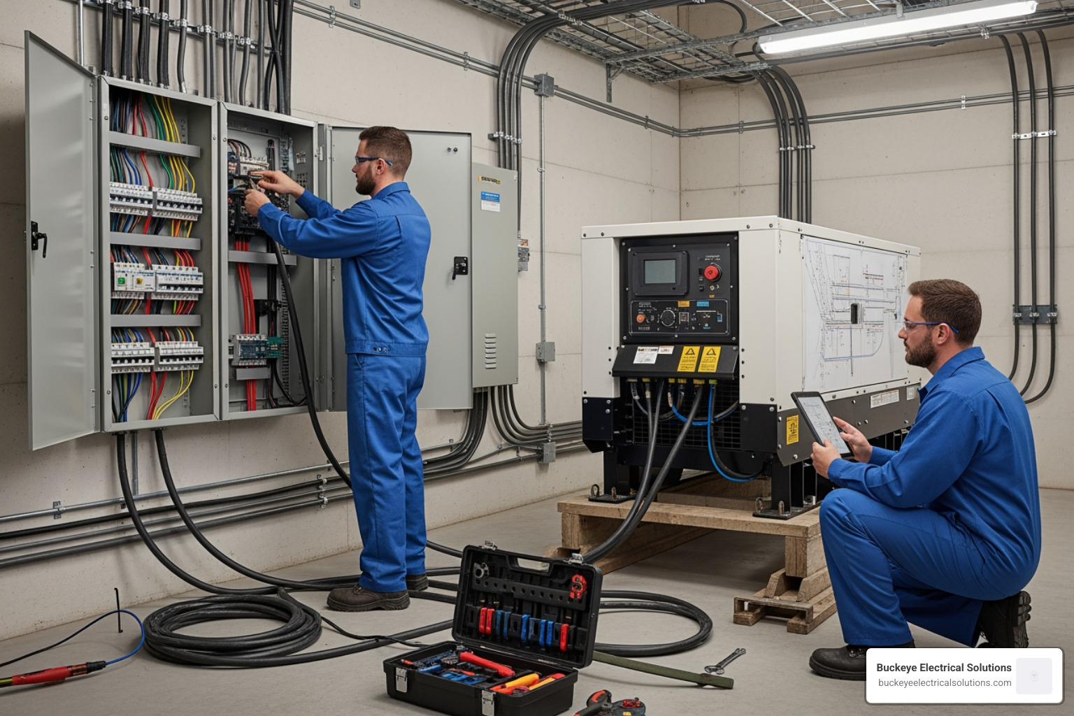 electricians wiring a generator to a commercial electrical panel - generator installation