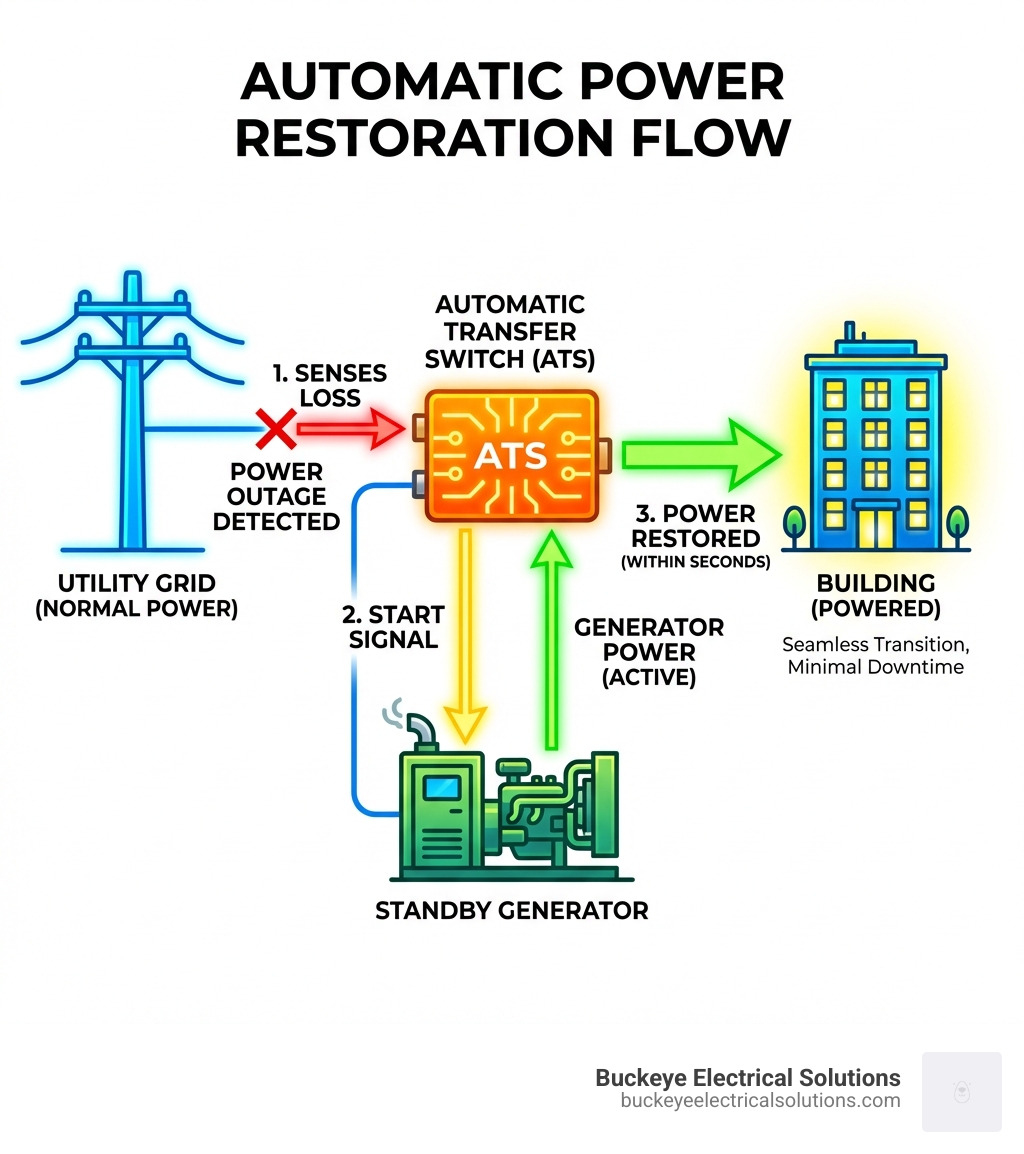 infographic showing how an automatic transfer switch detects a power outage, signals the generator to start, and restores power to a building within seconds - generator installation infographic 