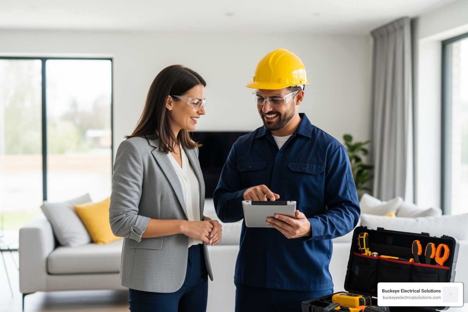 electrician discussing project with homeowner - Electrical contractor Amherst Ohio