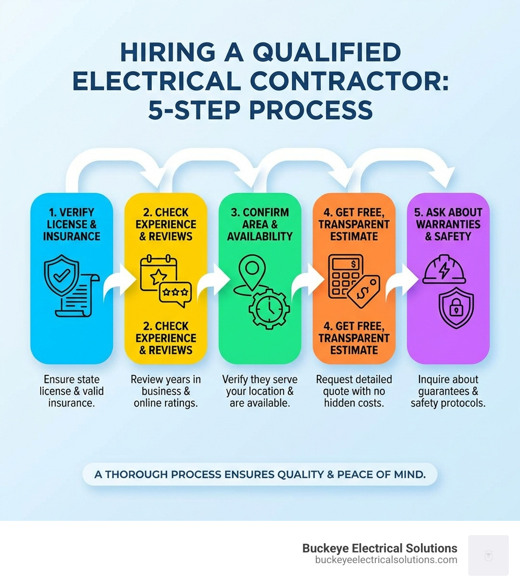 infographic showing 5-step process for hiring qualified electrical contractor: verify license and insurance, check years of experience and reviews, confirm service area and availability, request free estimate with transparent pricing, ask about warranties and safety protocols - Electrical contractor Amherst Ohio infographic 