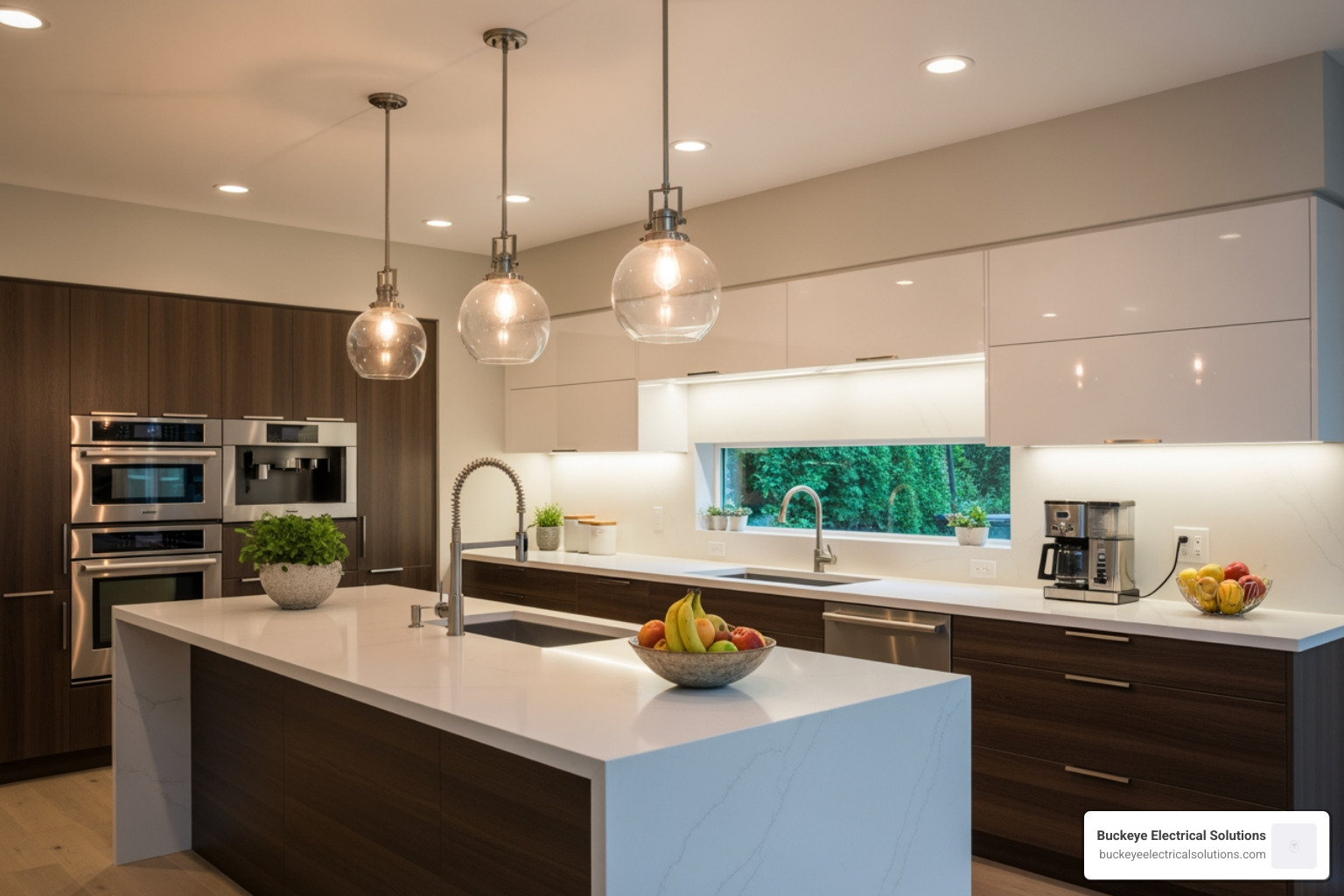 layered kitchen lighting with pendants over an island, under-cabinet task lighting, and recessed ambient lights - kitchen electrical remodel