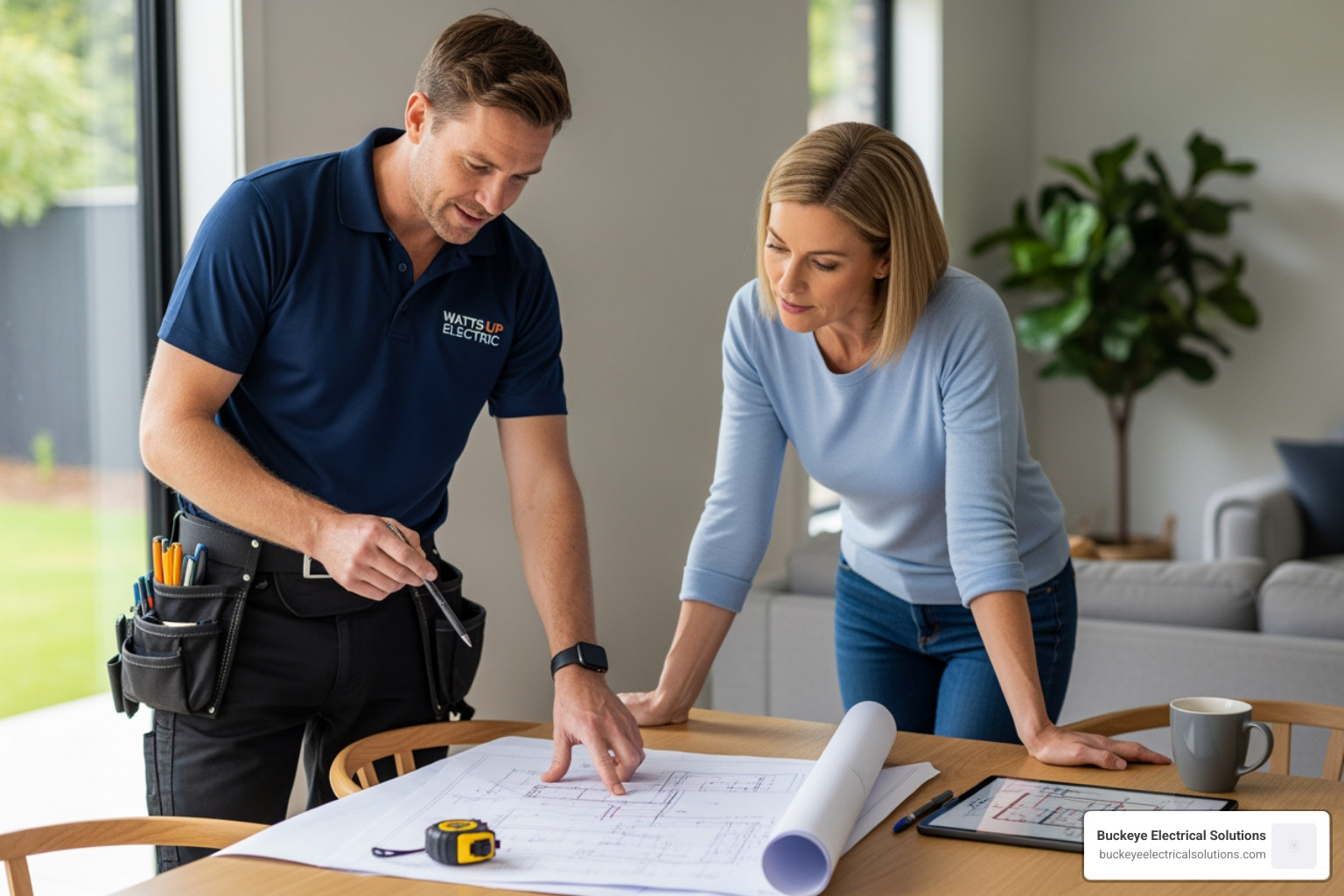 electrician reviewing blueprints with homeowner - kitchen electrical remodel