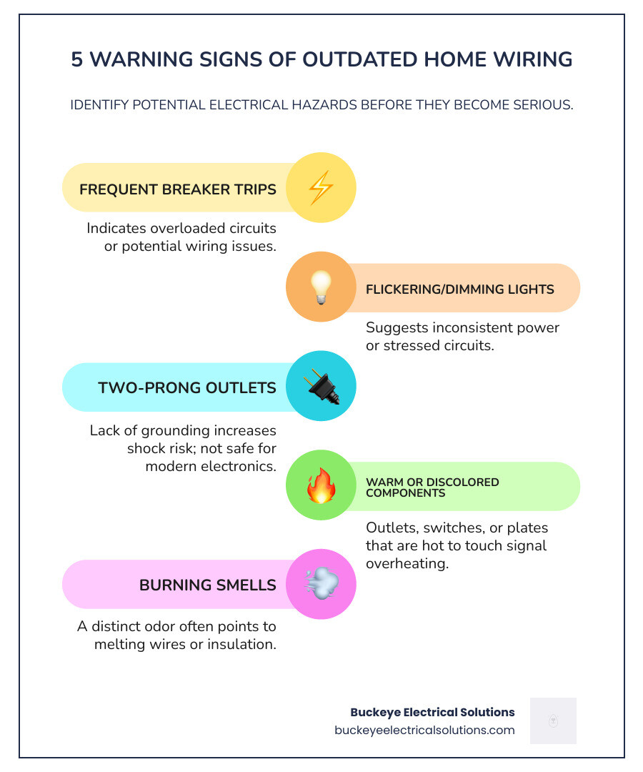 infographic showing five key warning signs of outdated home wiring: frequent circuit breaker trips, flickering or dimming lights, two-prong outlets throughout the home, warm or discolored outlets and switches, and burning smells near electrical components - residential electrical services infographic infographic-line-5-steps-colors