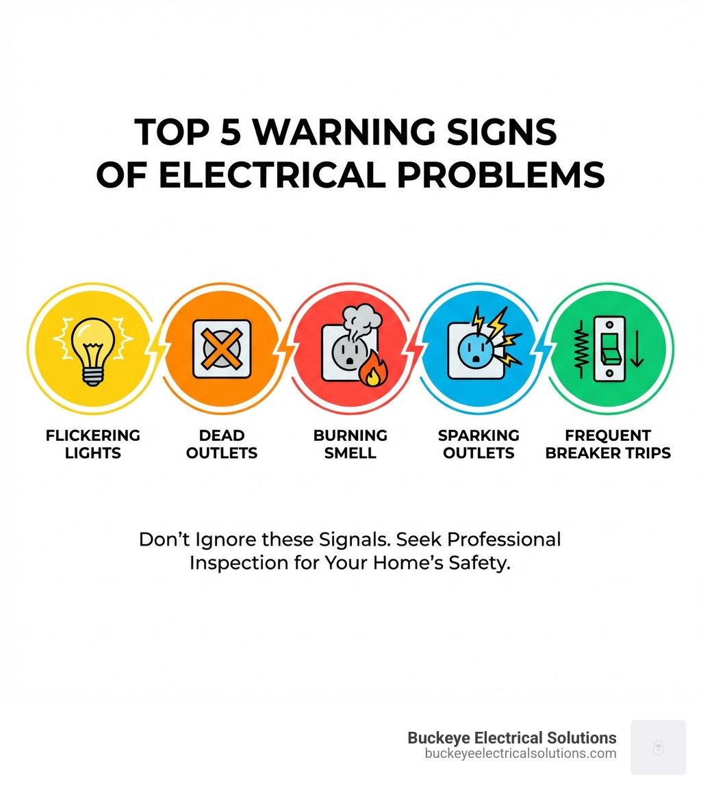 infographic showing top 5 warning signs of electrical problems: flickering lights, dead outlets, burning smell, sparking outlets, and frequent breaker trips - electrical repair ohio infographic 