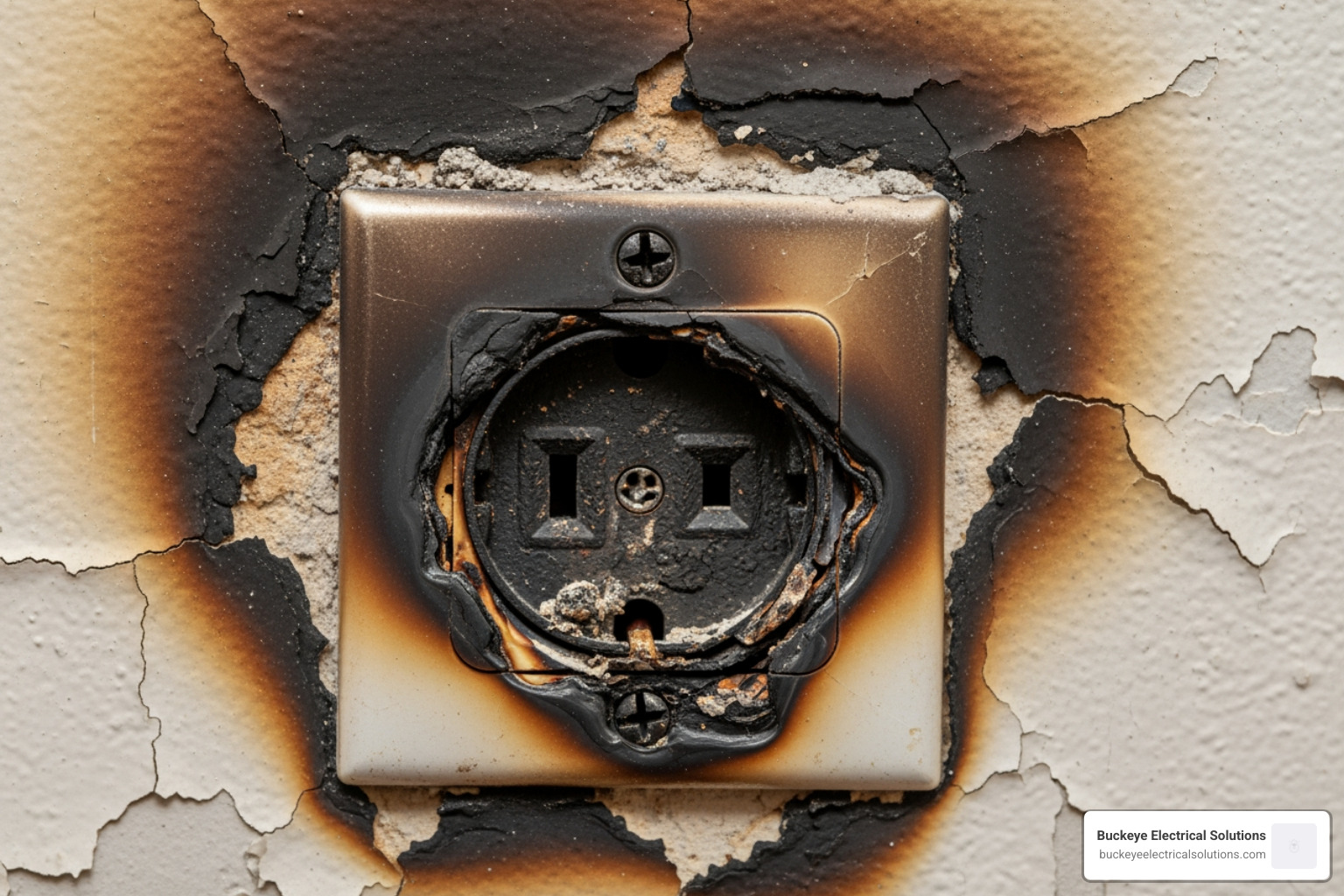 charred wall around electrical outlet - electrical short circuit