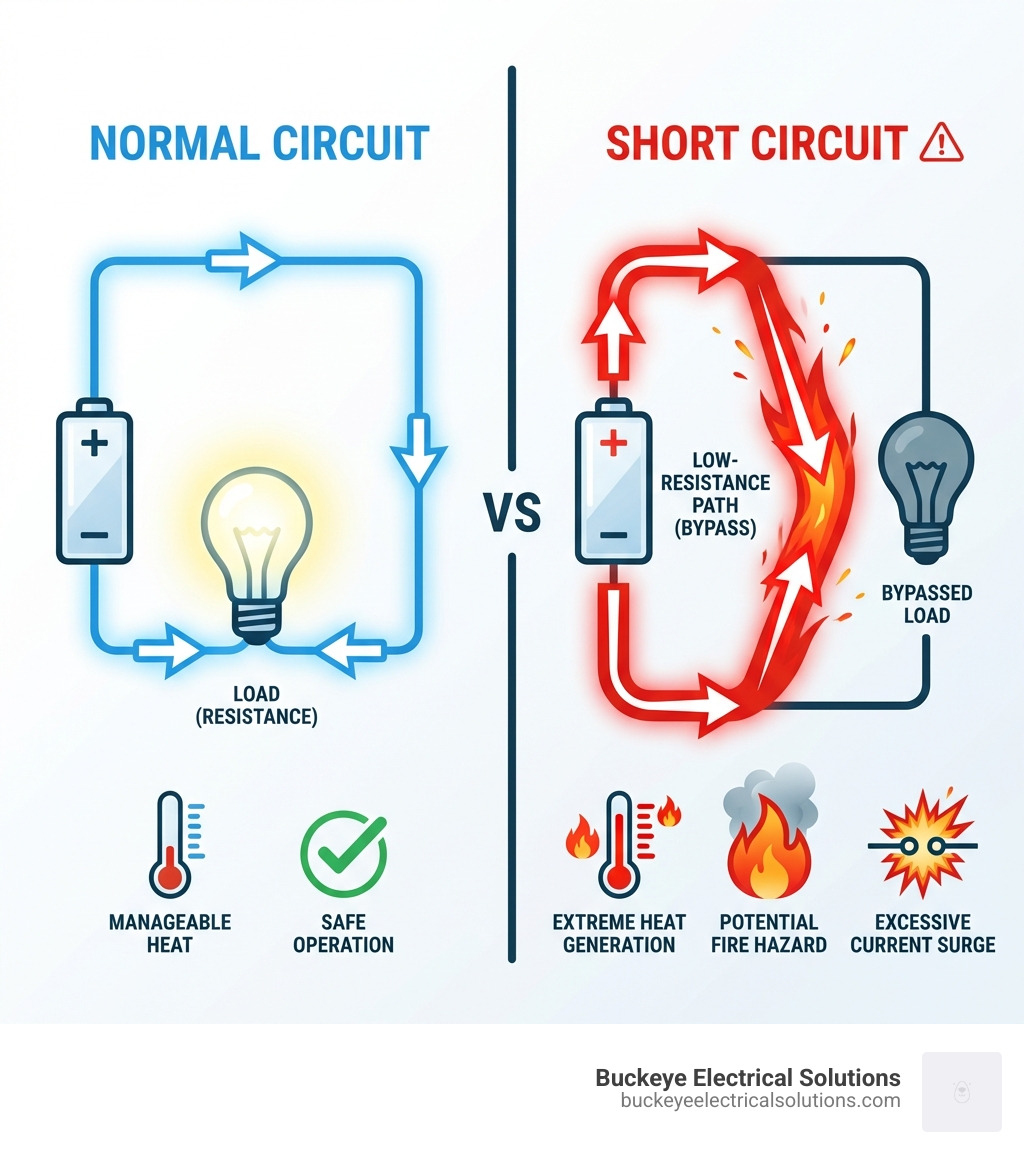 Infographic showing a normal electrical circuit with current flowing through a load versus a short circuit where current bypasses the load through a low-resistance path, resulting in excessive current flow, extreme heat generation, and potential fire hazard - electrical short circuit infographic 