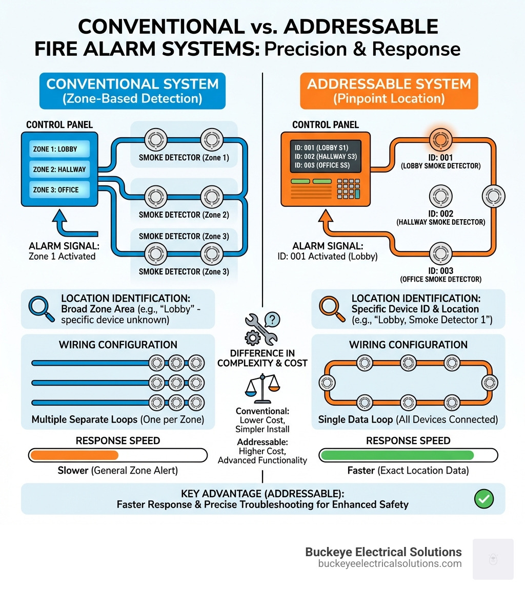 Infographic showing the key differences between conventional fire alarm systems with zone-based detection and addressable fire alarm systems with unique device addresses for precise location identification, including diagrams of control panels, wiring configurations, and response speed comparisons - Commercial fire alarm installation infographic 