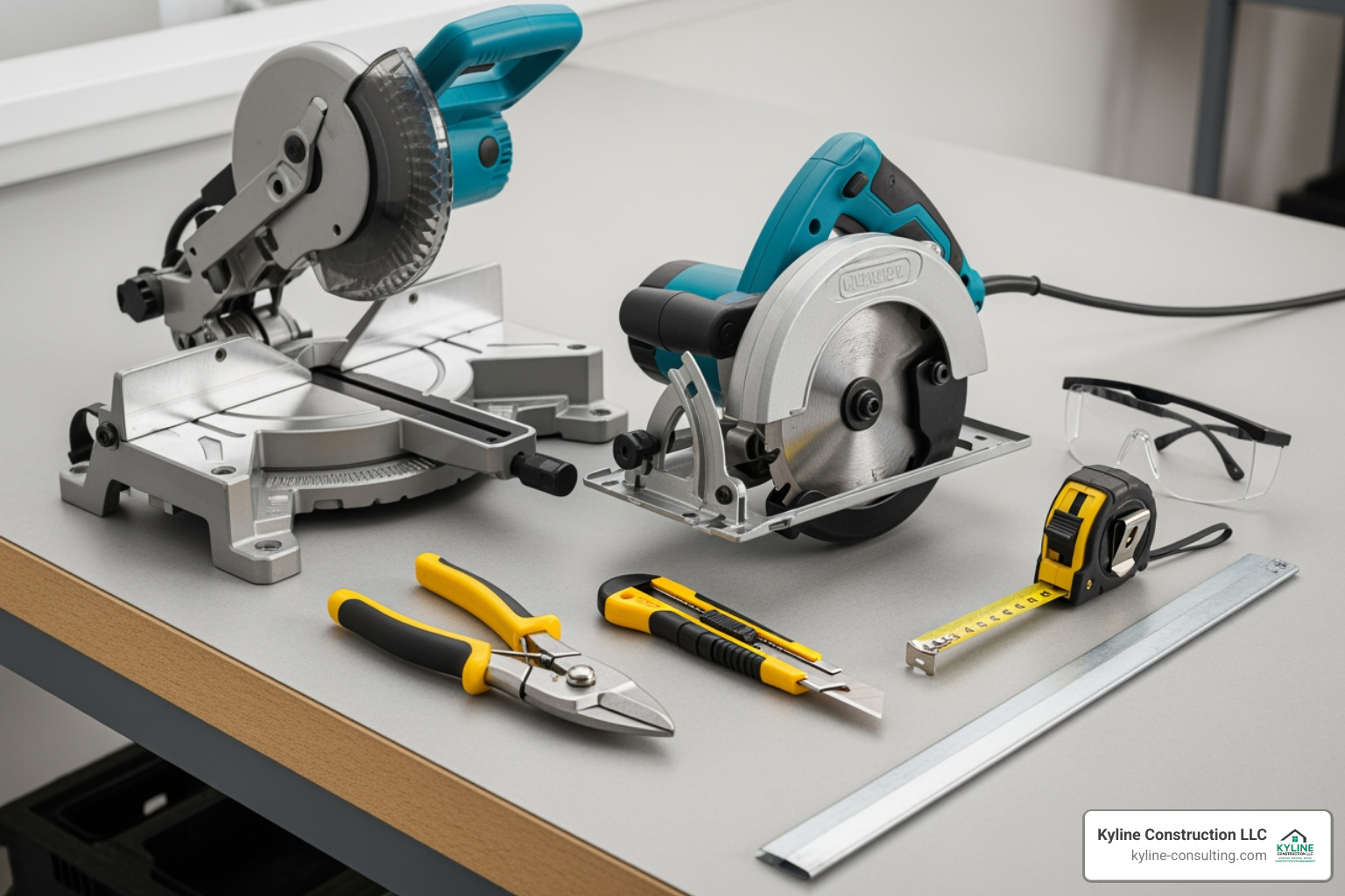 essential tools for cutting vinyl soffit laid out: circular saw, miter saw, tin snips, utility knife, tape measure, and safety glasses - cutting vinyl soffit