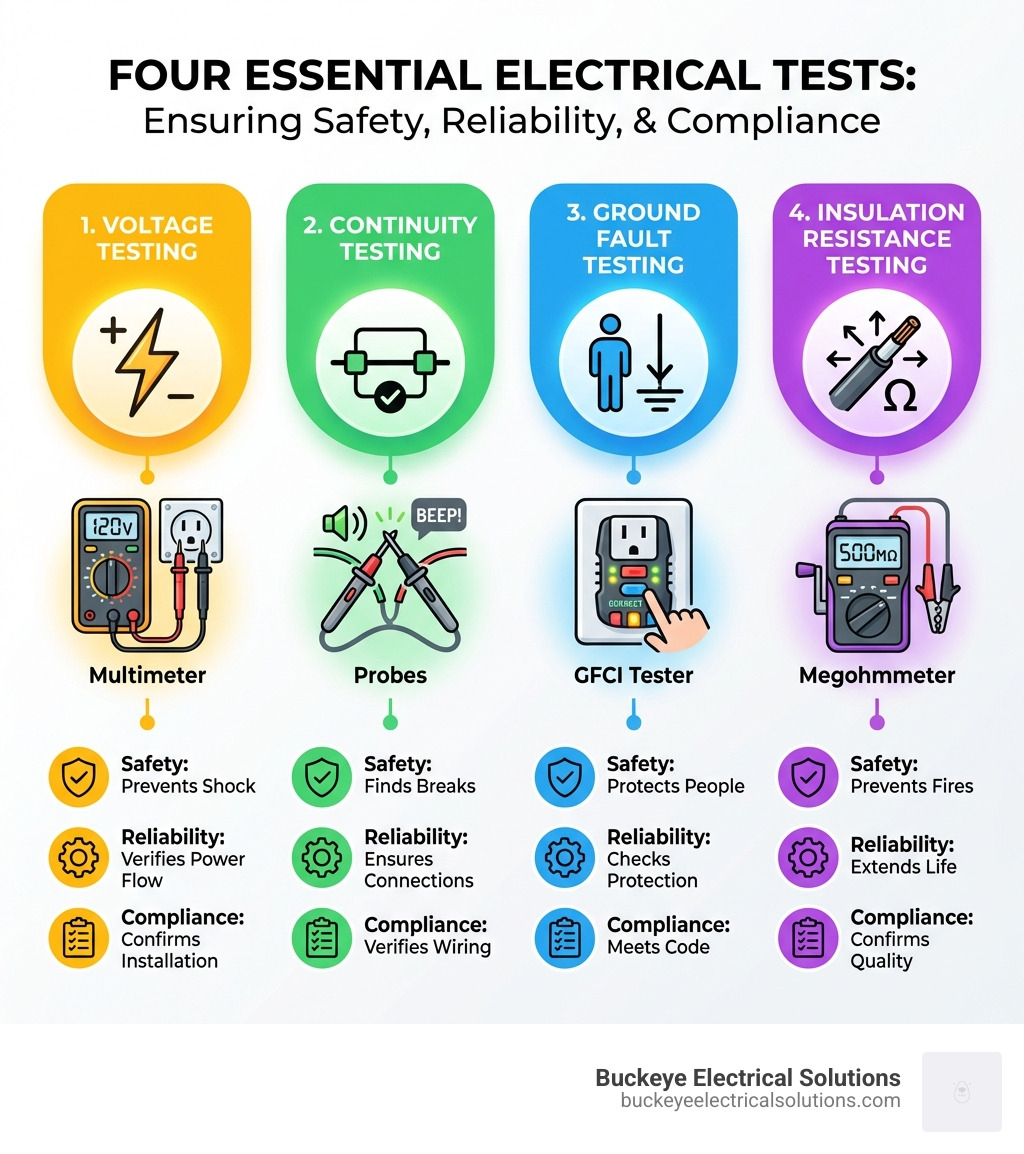 infographic showing the four main types of electrical testing: voltage testing with a multimeter, continuity testing with probes, ground fault testing with a GFCI tester, and insulation resistance testing with a megohmmeter, each with icons showing their purpose for safety, reliability, and compliance - electric test infographic 