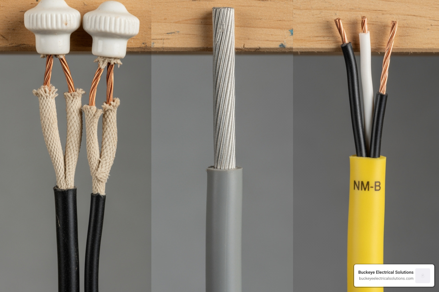 side-by-side comparison of knob-and-tube, aluminum, and modern NM-B wiring - home wiring