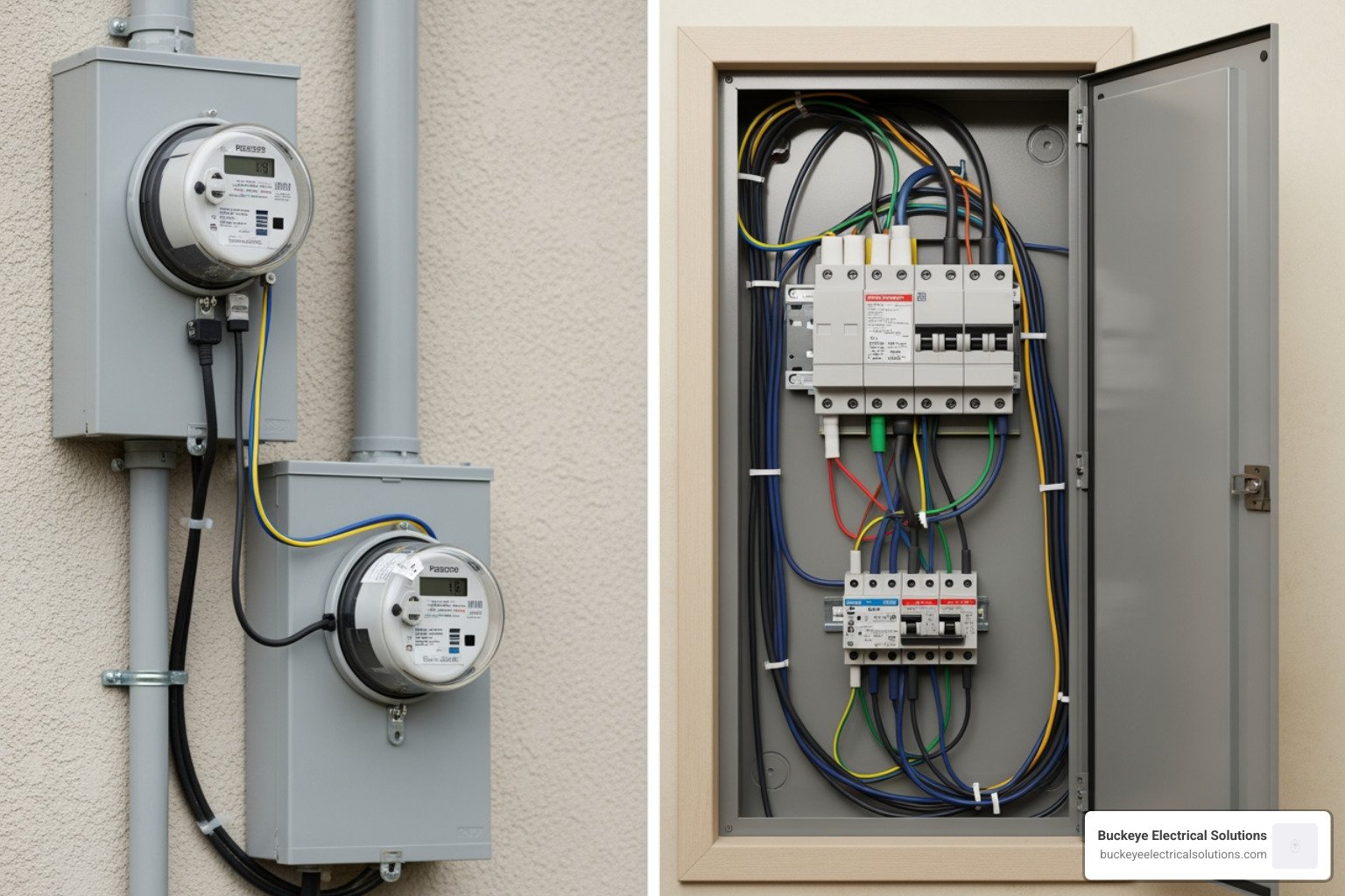 main components of a home electrical system, labeled (Service Head, Meter, Panel, Breakers, Wiring) - home wiring