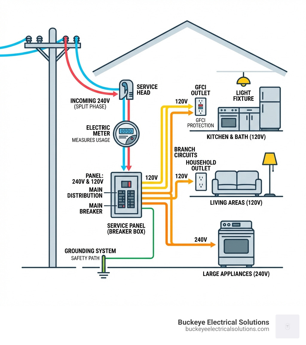 infographic showing the flow of electricity from utility pole through meter, service panel, circuit breakers, and branch circuits to household outlets and light fixtures, with labels for voltage levels and key safety devices like GFCIs - home wiring infographic 