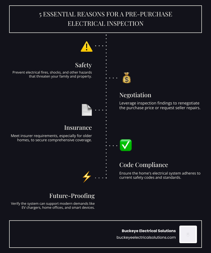 Infographic showing 5 key reasons for an electrical inspection before buying: 1) Safety - Prevent electrical fires and hazards, 2) Negotiation - Use findings to reduce purchase price or request repairs, 3) Insurance - Meet policy requirements for older homes, 4) Code Compliance - Ensure the home meets current electrical safety standards, 5) Future-Proofing - Verify the system can handle modern electrical demands like EV chargers and smart devices - electrical inspection before buying house infographic infographic-line-5-steps-dark