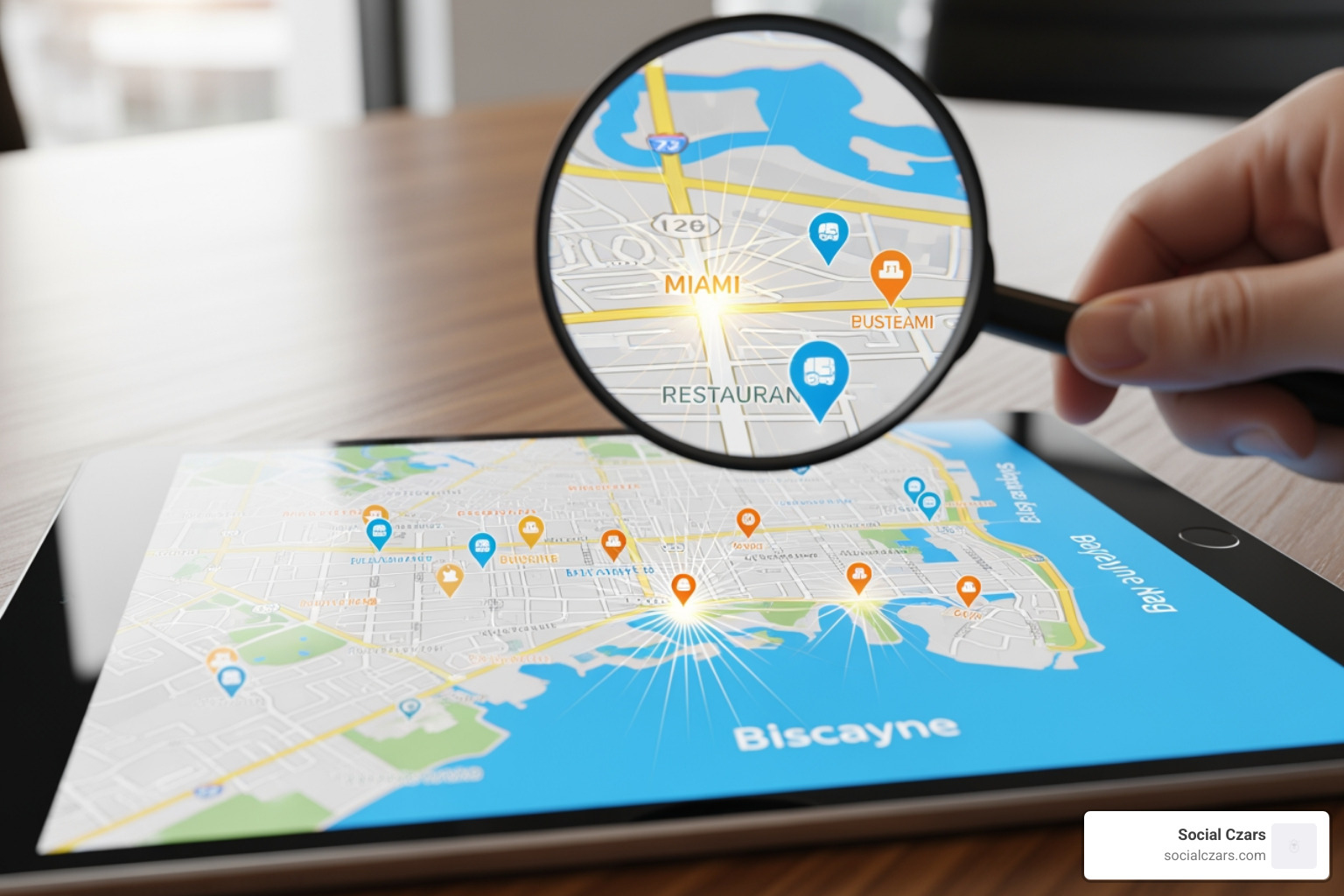 Magnifying glass over a digital map of Miami, highlighting business locations - SEO agency Miami