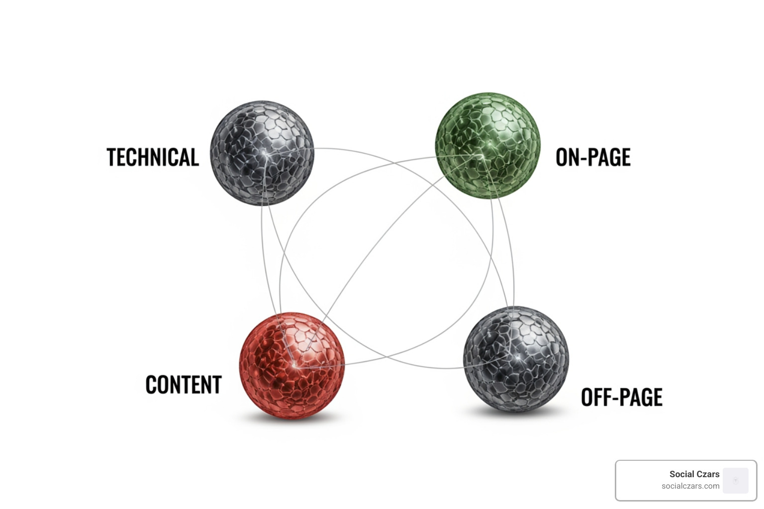 Image illustrating the interconnected components of a modern SEO strategy (Technical, On-Page, Content, Off-Page) - Miami seo agency