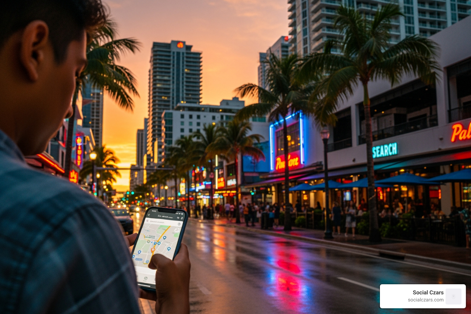Google search results page for a local Miami query like "best restaurants in Brickell" - Miami seo agency