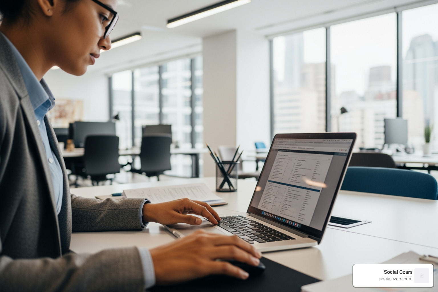 A person carefully reviewing a complex business proposal on a laptop in a modern office setting - LA crisis seo agency