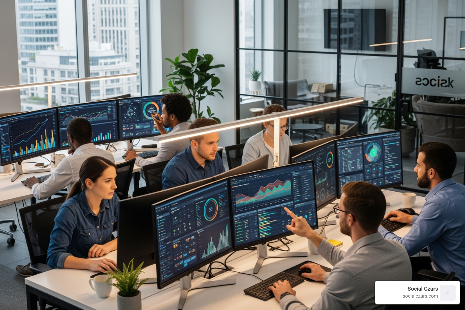 A team of experts analyzing complex data on multiple screens in a modern office - LA crisis seo agency