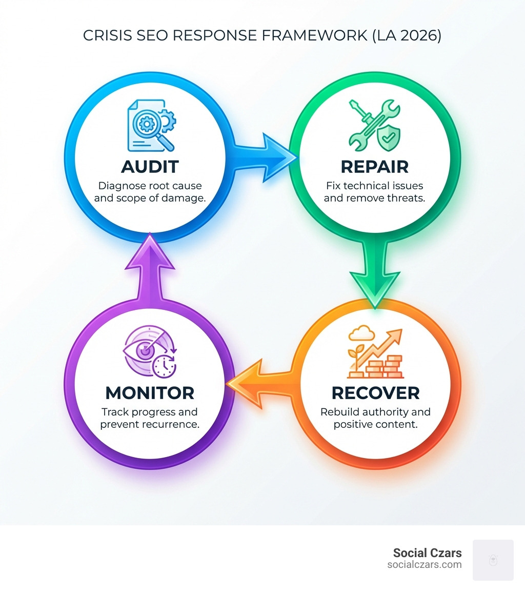 Infographic showing the Crisis SEO Response Framework: four connected circles labeled Audit (diagnose root cause and scope of damage), Repair (fix technical issues and remove threats), Recover (rebuild authority and positive content), and Monitor (track progress and prevent recurrence) - LA crisis seo agency infographic 