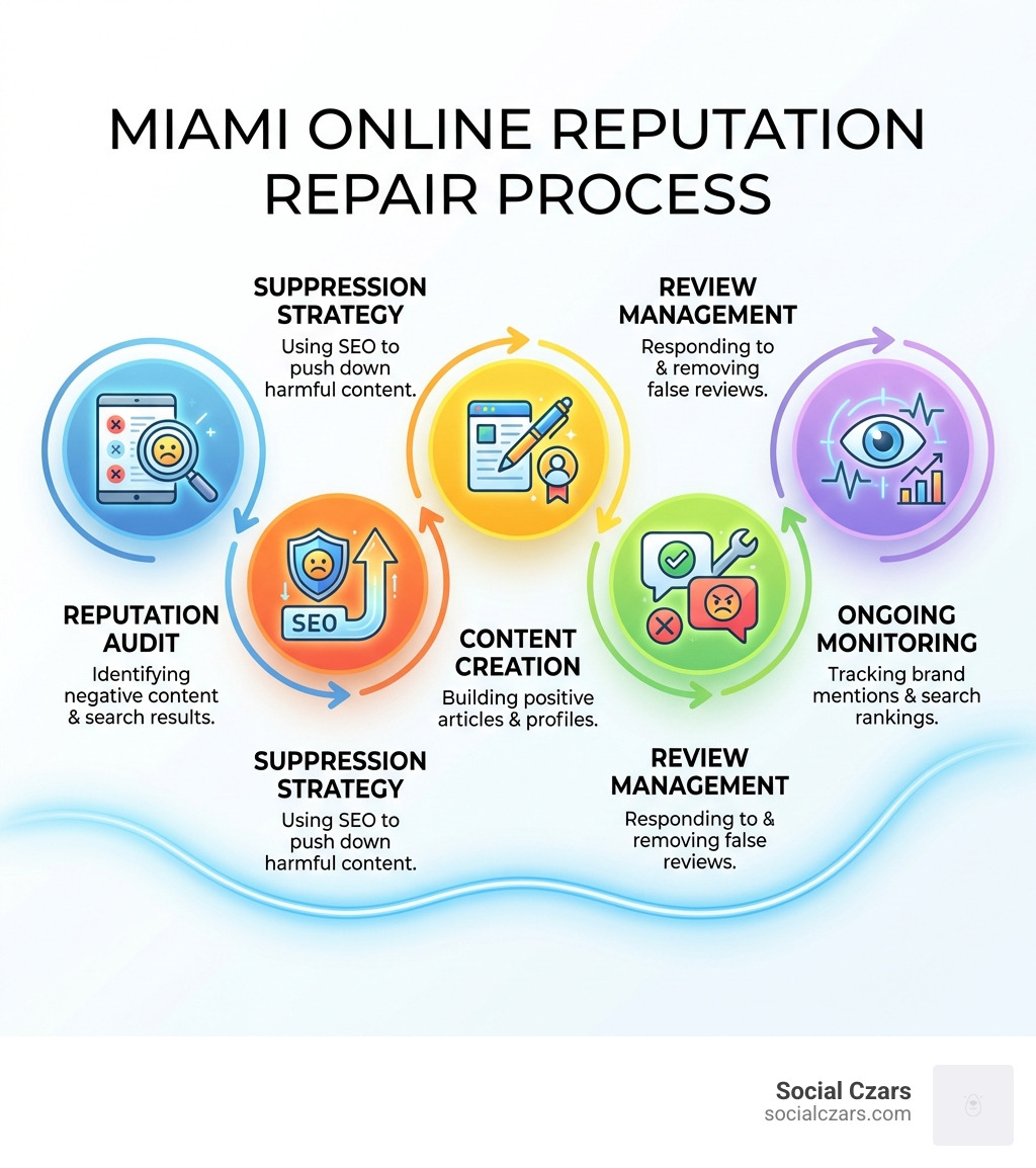 Infographic showing the Miami online reputation repair process: 1) Reputation Audit - identifying negative content and search results, 2) Suppression Strategy - using SEO to push down harmful content, 3) Content Creation - building positive articles and profiles, 4) Review Management - responding to and removing false reviews, 5) Ongoing Monitoring - tracking brand mentions and search rankings - Miami online reputation repair  infographic 