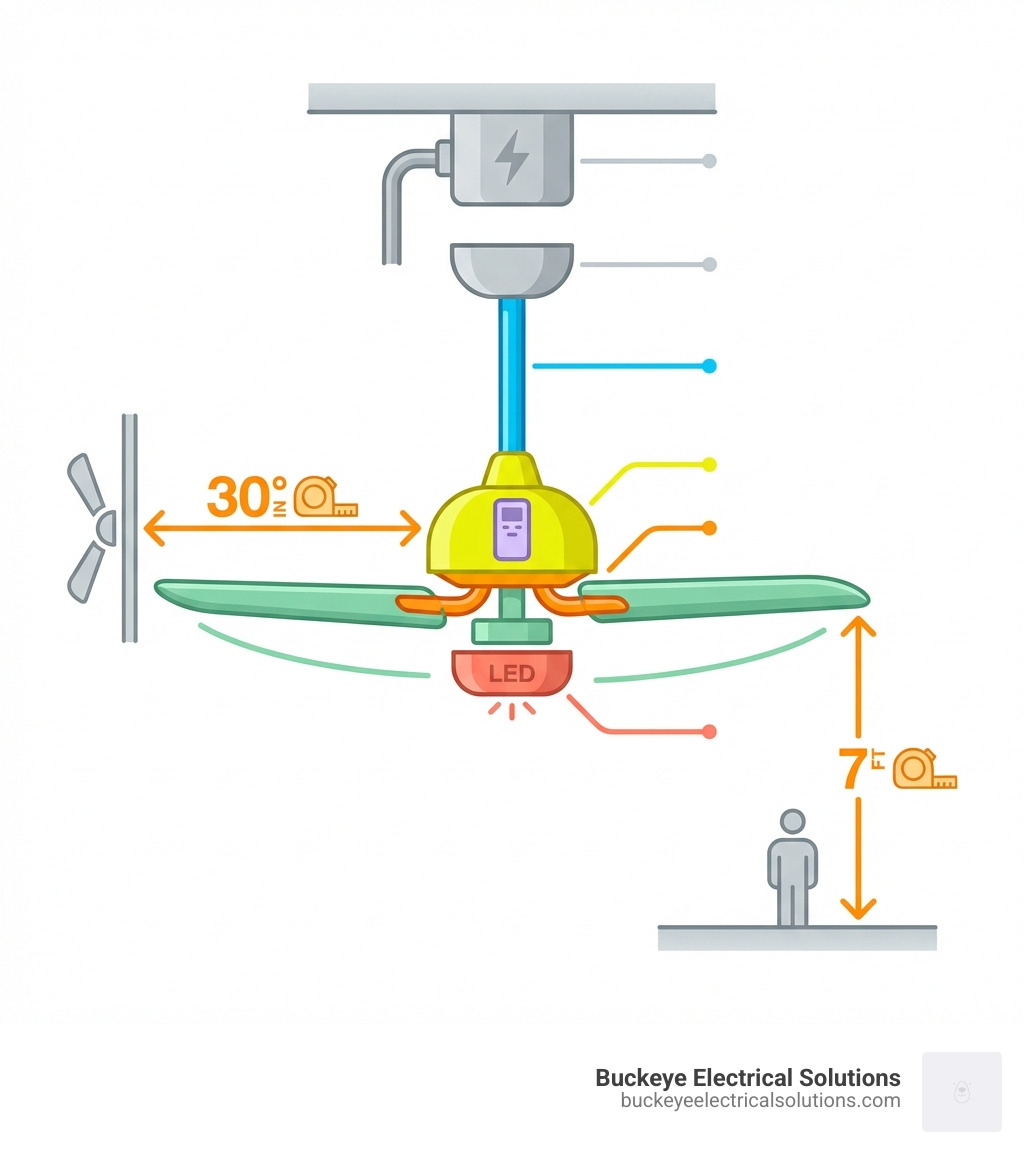 Infographic showing ceiling fan anatomy: motor housing at top, downrod connecting to ceiling bracket, fan blades attached to motor with blade irons, optional light kit below, and remote control receiver. Labels indicate fan-rated electrical box requirement, proper blade clearance of 30 inches from walls, and minimum 7 feet from floor to blades. - ceiling fan installation infographic 