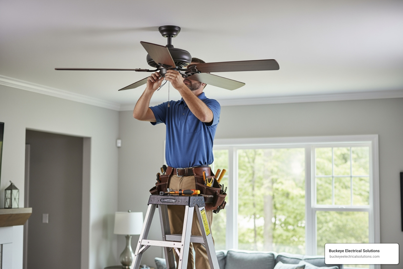 A collection of essential tools for electrical work and home DIY, including screwdrivers, pliers, wire strippers, a voltage tester, and electrical tape, laid out neatly on a workbench. - ceiling fan installation