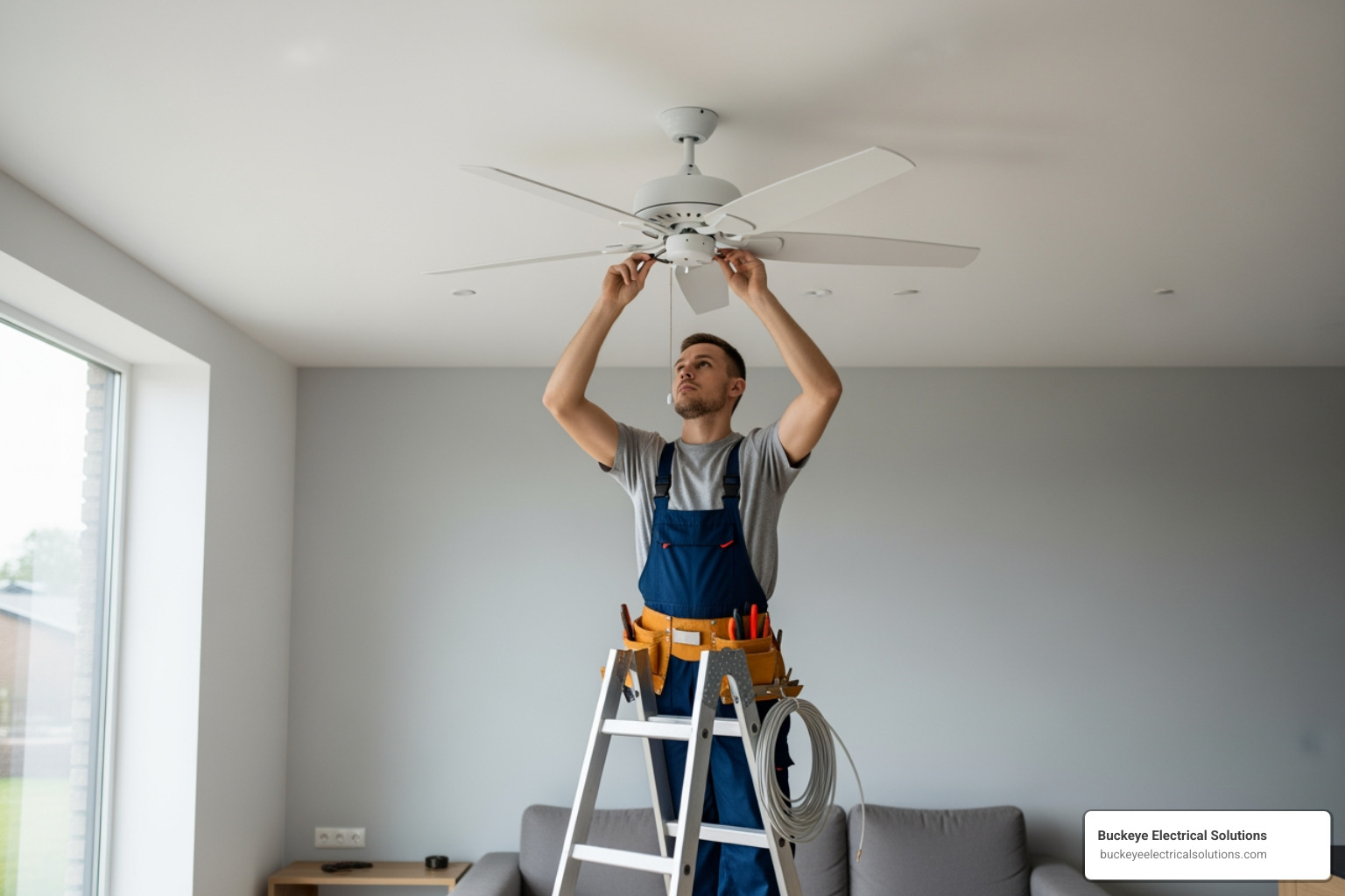 A person on a ladder carefully disconnecting wires from an old, simple light fixture in a residential living room, with the power safely turned off. - ceiling fan installation