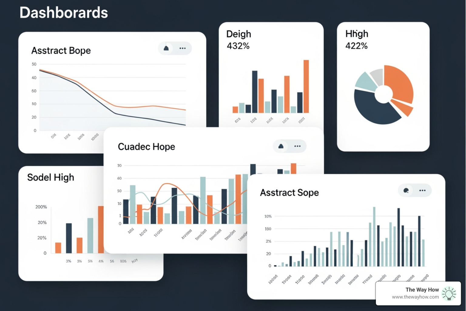 A stylized dashboard with various charts and graphs displaying key performance indicators (KPIs) such as "Claim Denial Rate" (trending downwards), "Days in A/R" (stable or decreasing), "Net Collection Rate" (trending upwards), and "First-Pass Yield" (high and stable). The design is clean, modern, and uses muted, professional colors to convey clarity and control. - revenue cycle analytics