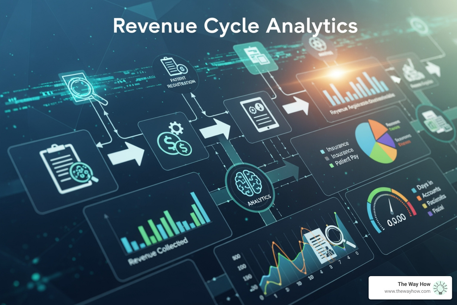 A stylized illustration of a pipe with several cracks and drips, representing revenue leakage. Each drip has a small dollar sign symbol. A hand holding a wrench or a patching tool, labeled "Analytics," is actively patching one of the cracks. The background is clean and conceptual. - revenue cycle analytics