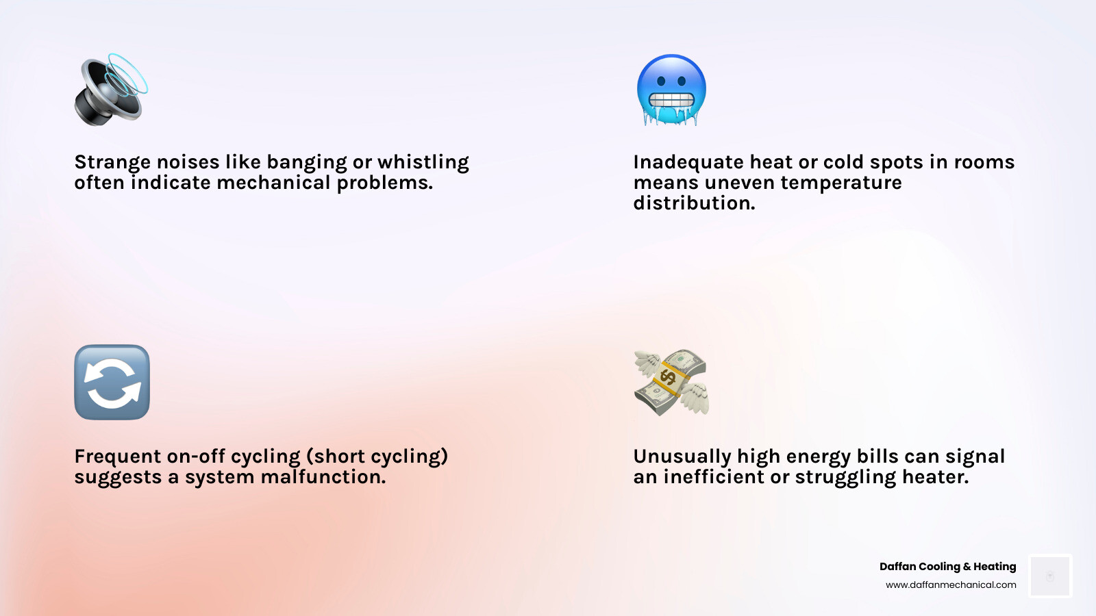 Infographic showing the top 5 warning signs your heater needs repair in Weatherford TX: strange noises like banging or whistling, inadequate heat or cold spots in rooms, frequent on-off cycling, unusually high energy bills, and yellow pilot light instead of blue - heater repair services in weatherford, tx infographic 4_facts_emoji_light-gradient Infographic showing the top 5 warning signs your heater needs repair in Weatherford TX: strange noises like banging or whistling, inadequate heat or cold spots in rooms, frequent on-off cycling, unusually high energy bills, and yellow pilot light instead of blue - heater repair services in weatherford, tx infographic 4_facts_emoji_light-gradient