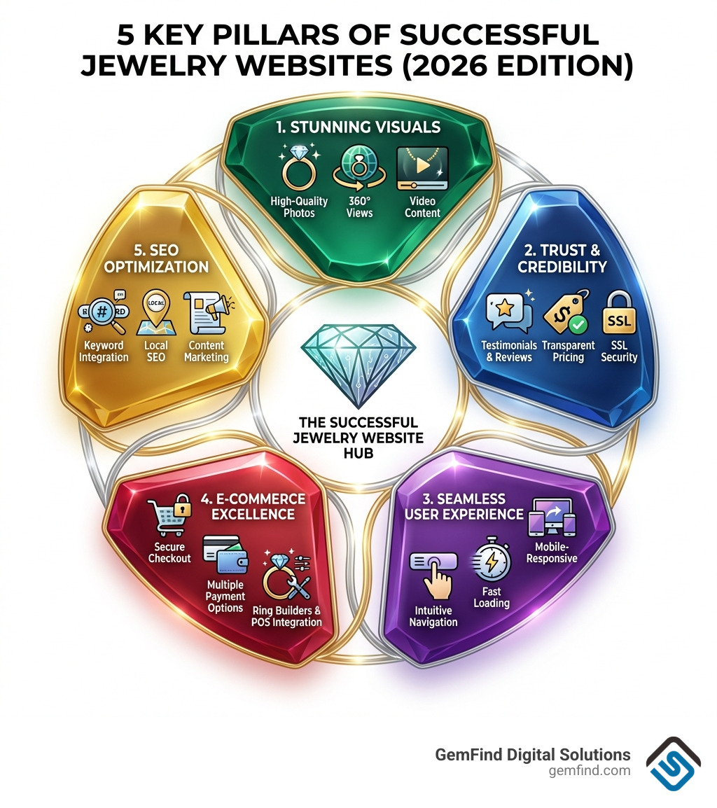 Infographic showing the 5 key pillars of successful jewelry websites: 1) Stunning Visuals (high-quality photos, 360° views, video), 2) Trust & Credibility (testimonials, reviews, transparent pricing, SSL security), 3) Seamless User Experience (intuitive navigation, fast loading, mobile-responsive), 4) E-commerce Excellence (secure checkout, multiple payment options, ring builders, POS integration), and 5) SEO Optimization (keyword integration, local SEO, content marketing) - Web Design for Jewelers infographic 