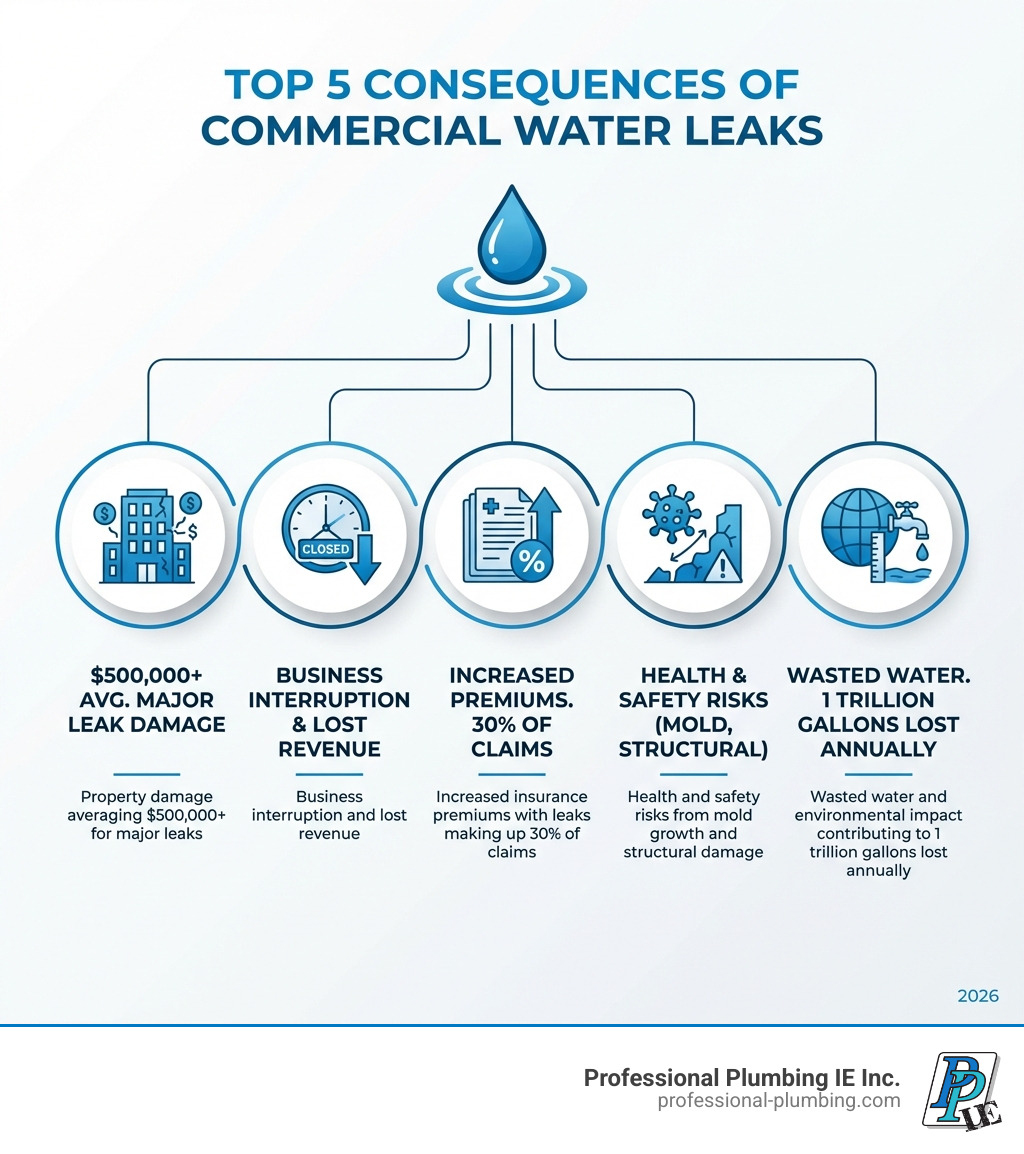 Infographic showing the top 5 consequences of commercial water leaks: 1) Property damage averaging $500,000+ for major leaks, 2) Business interruption and lost revenue, 3) Increased insurance premiums with leaks making up 30% of claims, 4) Health and safety risks from mold growth and structural damage, 5) Wasted water and environmental impact contributing to 1 trillion gallons lost annually - commercial water leak detection services infographic Infographic showing the top 5 consequences of commercial water leaks: 1) Property damage averaging $500,000+ for major leaks, 2) Business interruption and lost revenue, 3) Increased insurance premiums with leaks making up 30% of claims, 4) Health and safety risks from mold growth and structural damage, 5) Wasted water and environmental impact contributing to 1 trillion gallons lost annually - commercial water leak detection services infographic
