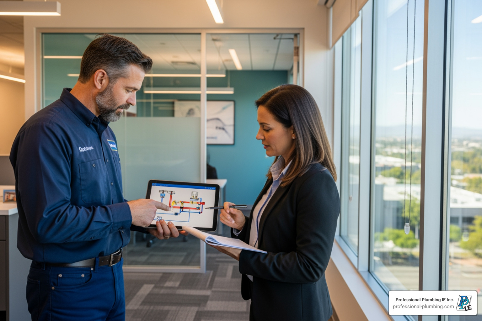 professional plumber consulting with a commercial property manager in Corona, CA - commercial water leak detection services professional plumber consulting with a commercial property manager in Corona, CA - commercial water leak detection services