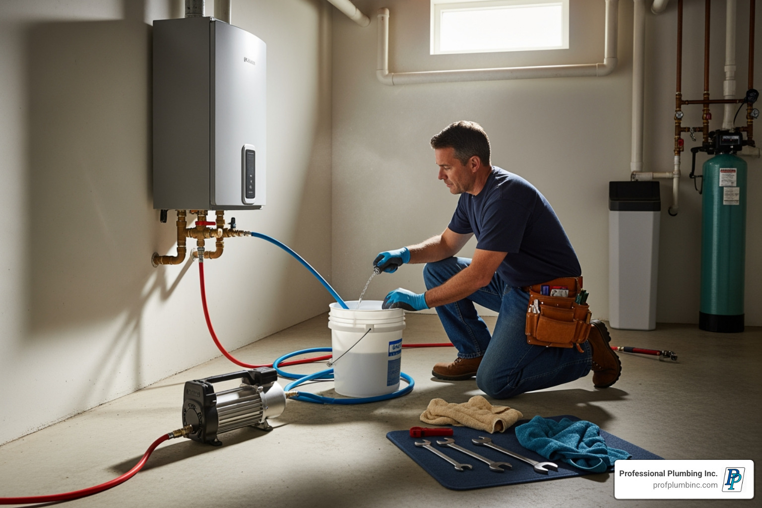 plumber performing a tankless water heater flush - continuous water heater plumber performing a tankless water heater flush - continuous water heater