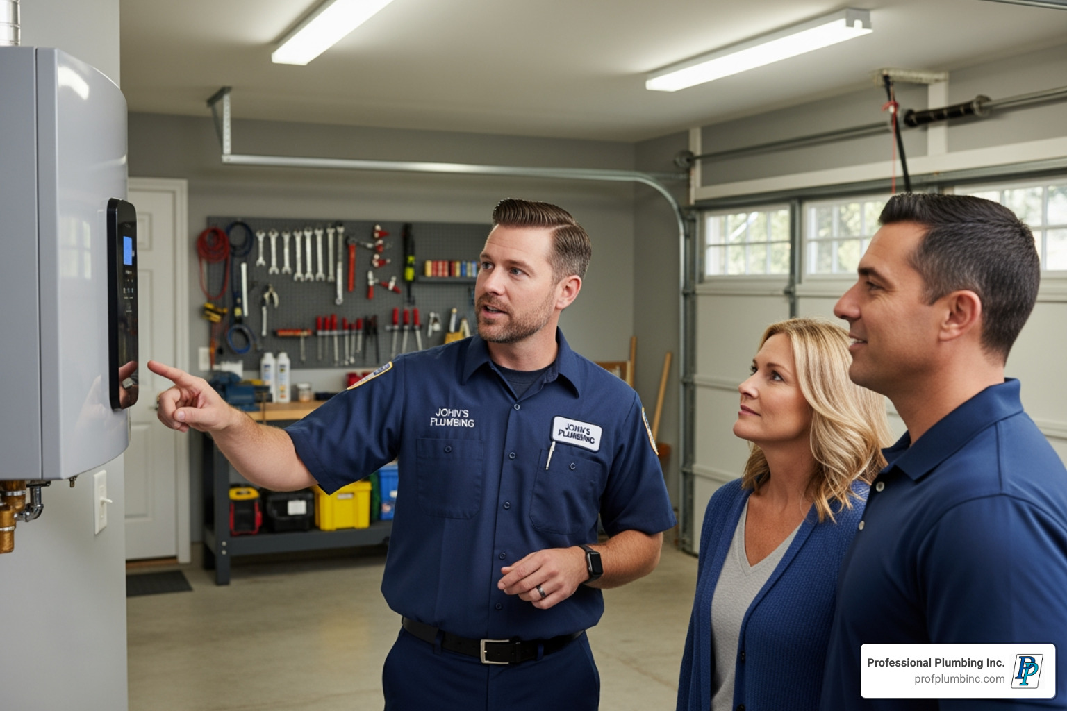 Professional Plumbing Inc. technician consulting with a family in a Costa Mesa garage, reviewing system options. - continuous gas hot water system Professional Plumbing Inc. technician consulting with a family in a Costa Mesa garage, reviewing system options. - continuous gas hot water system