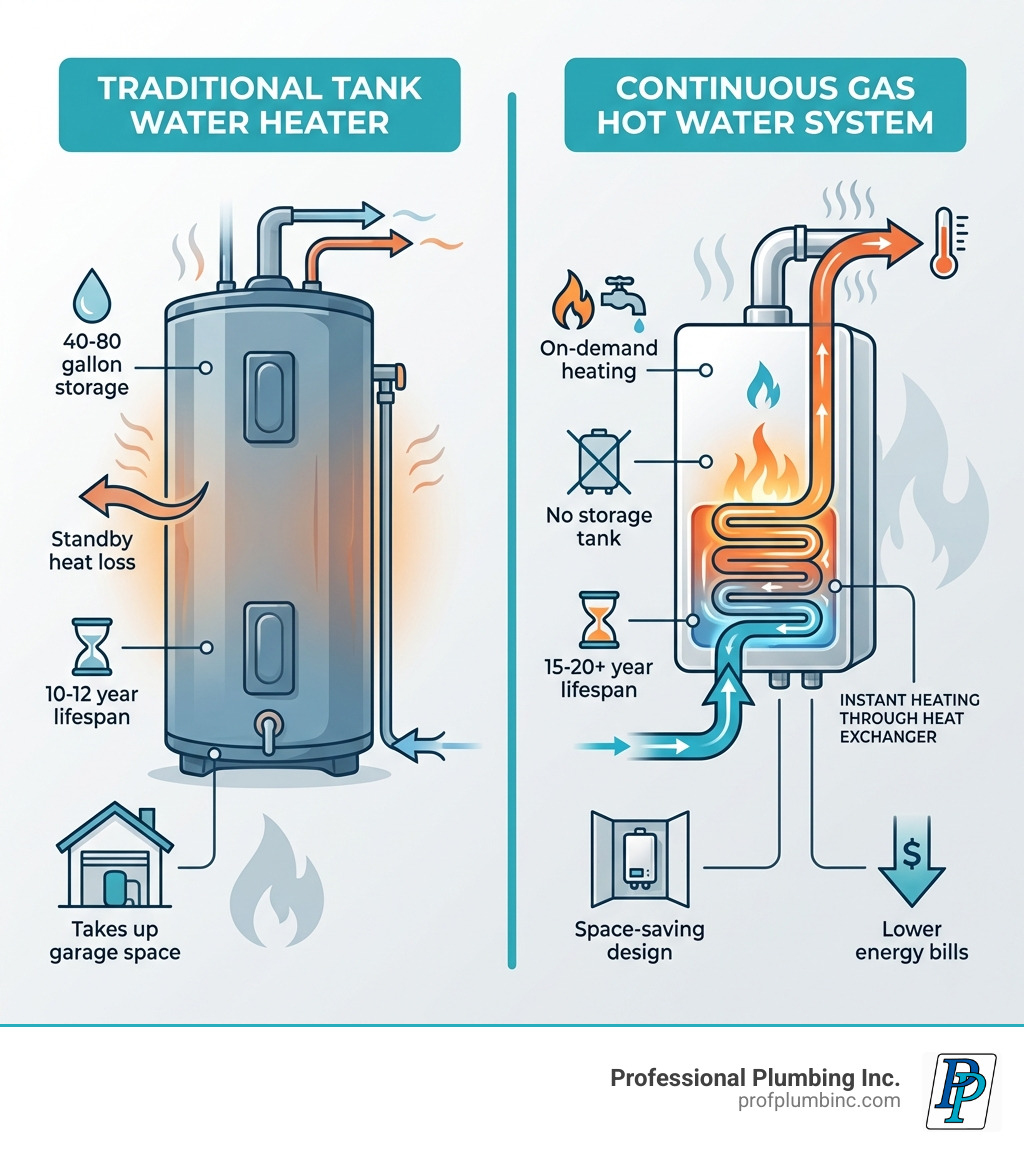 Infographic comparing traditional tank water heaters with continuous gas hot water systems, showing side-by-side illustrations: left side depicts a large cylindrical tank heater with labels for "40-80 gallon storage," "standby heat loss," "10-12 year lifespan," and "takes up garage space"; right side shows a compact wall-mounted tankless unit with labels for "on-demand heating," "no storage tank," "15-20+ year lifespan," "space-saving design," and "lower energy bills." Arrows indicate water flow through each system, with the tankless unit highlighting instant heating as water passes through the heat exchanger. - continuous gas hot water system infographic Infographic comparing traditional tank water heaters with continuous gas hot water systems, showing side-by-side illustrations: left side depicts a large cylindrical tank heater with labels for "40-80 gallon storage," "standby heat loss," "10-12 year lifespan," and "takes up garage space"; right side shows a compact wall-mounted tankless unit with labels for "on-demand heating," "no storage tank," "15-20+ year lifespan," "space-saving design," and "lower energy bills." Arrows indicate water flow through each system, with the tankless unit highlighting instant heating as water passes through the heat exchanger. - continuous gas hot water system infographic