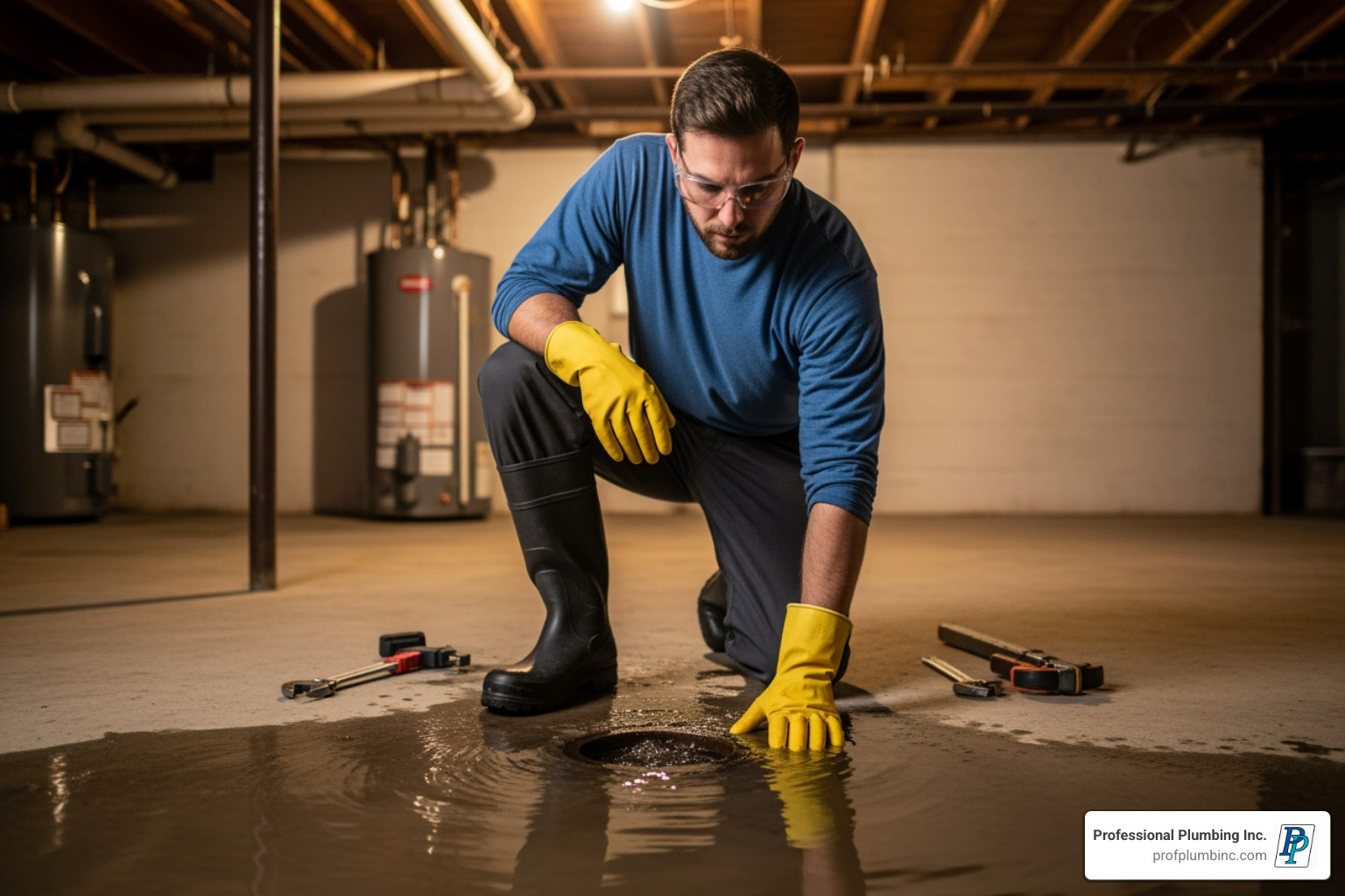 Plumber wearing safety gear: waterproof boots, rubber gloves, and safety glasses, standing next to a backed-up basement drain. - basement drain backed up Plumber wearing safety gear: waterproof boots, rubber gloves, and safety glasses, standing next to a backed-up basement drain. - basement drain backed up