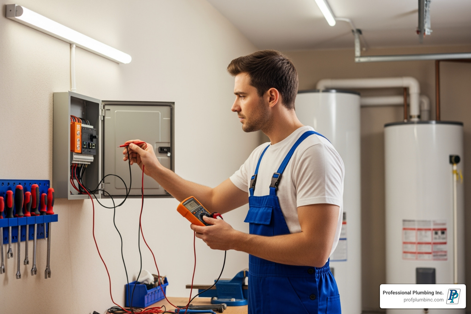 plumber assessing an electrical panel for a water heater installation - electric continuous hot water system plumber assessing an electrical panel for a water heater installation - electric continuous hot water system