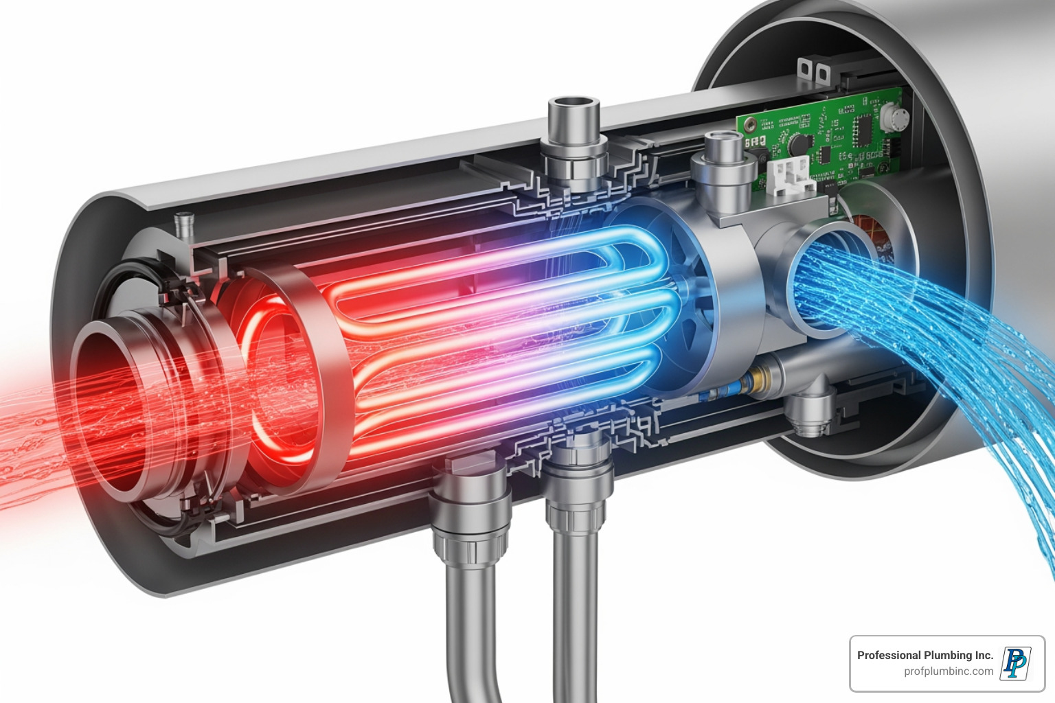 water flowing through a cutaway of a tankless heater, showing the heating element - electric continuous hot water system water flowing through a cutaway of a tankless heater, showing the heating element - electric continuous hot water system