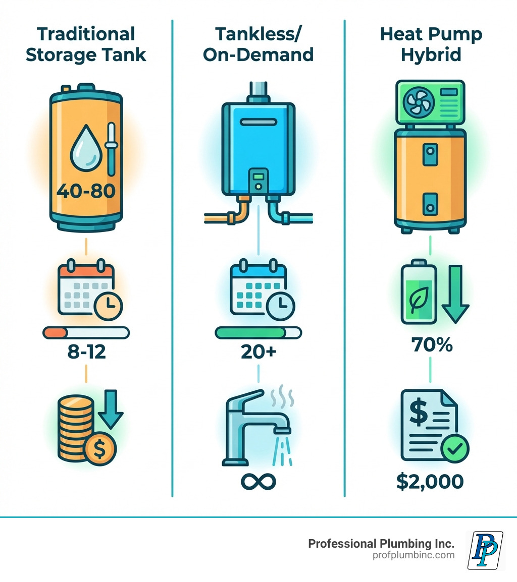 Infographic comparing three main water heater types: Traditional Storage Tank showing a 40-80 gallon tank with 8-12 year lifespan and lower upfront cost; Tankless/On-Demand showing a compact wall-mounted unit with 20+ year lifespan and endless hot water; Heat Pump Hybrid showing a tank with heat pump on top, 70% energy savings, and $2,000 federal tax credit eligibility - best water heater infographic Infographic comparing three main water heater types: Traditional Storage Tank showing a 40-80 gallon tank with 8-12 year lifespan and lower upfront cost; Tankless/On-Demand showing a compact wall-mounted unit with 20+ year lifespan and endless hot water; Heat Pump Hybrid showing a tank with heat pump on top, 70% energy savings, and $2,000 federal tax credit eligibility - best water heater infographic