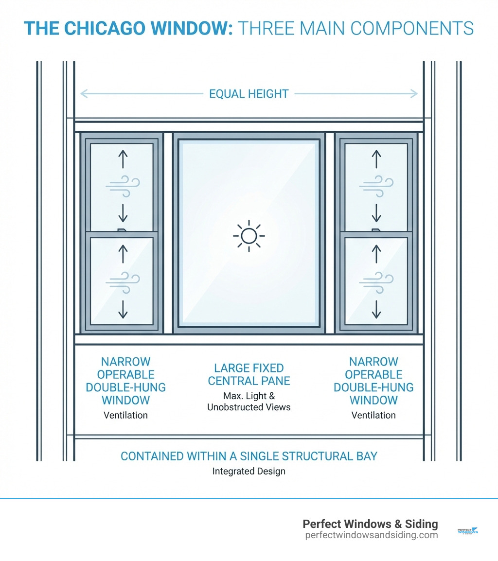 Infographic showing the three main components of a Chicago window: a large fixed central glass pane in the middle, with two narrower operable double-hung sash windows on either side, all contained within a single structural bay of equal height - chicago window infographic Infographic showing the three main components of a Chicago window: a large fixed central glass pane in the middle, with two narrower operable double-hung sash windows on either side, all contained within a single structural bay of equal height - chicago window infographic