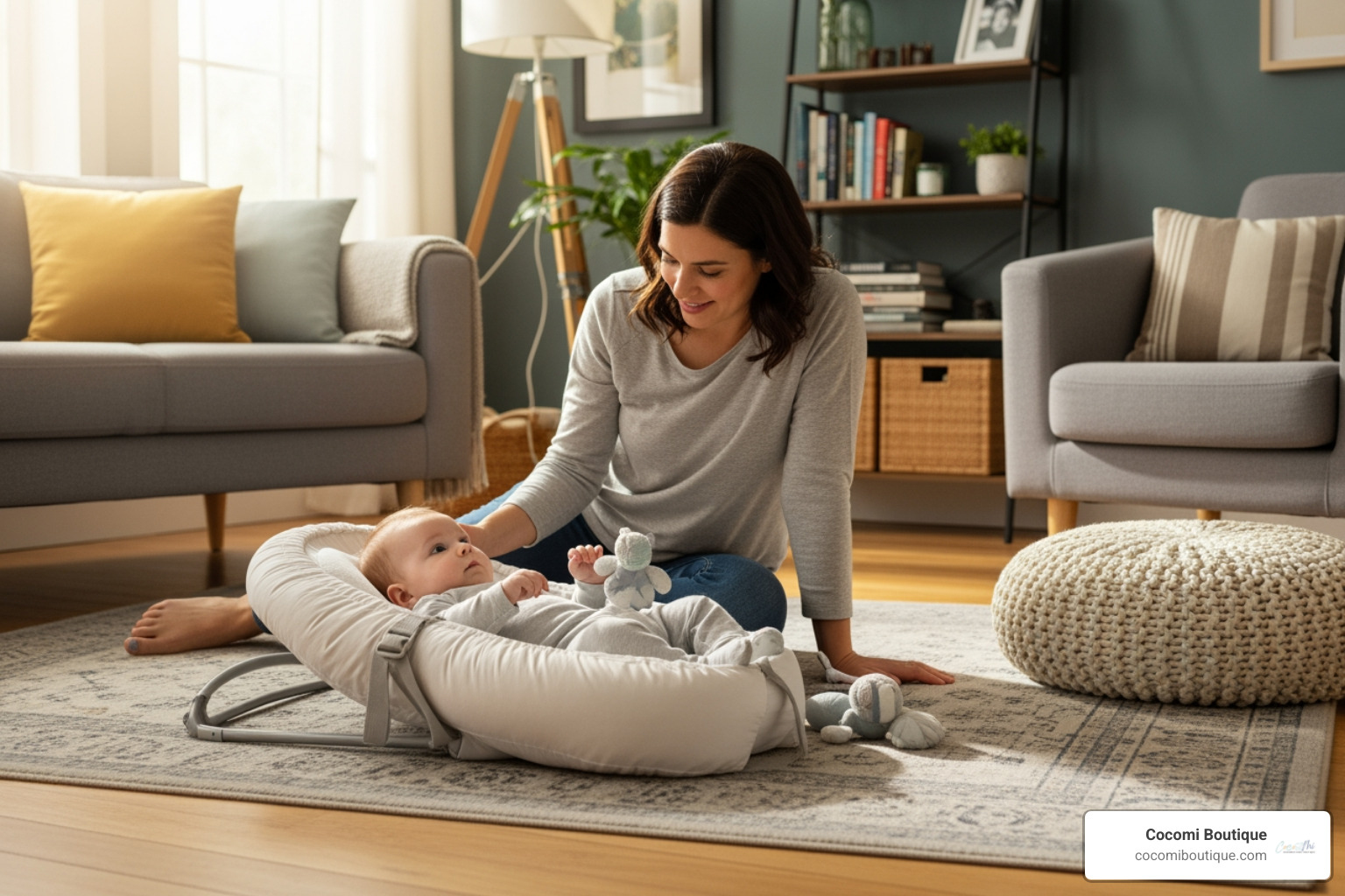 parent supervising baby in lounger - portable infant lounger