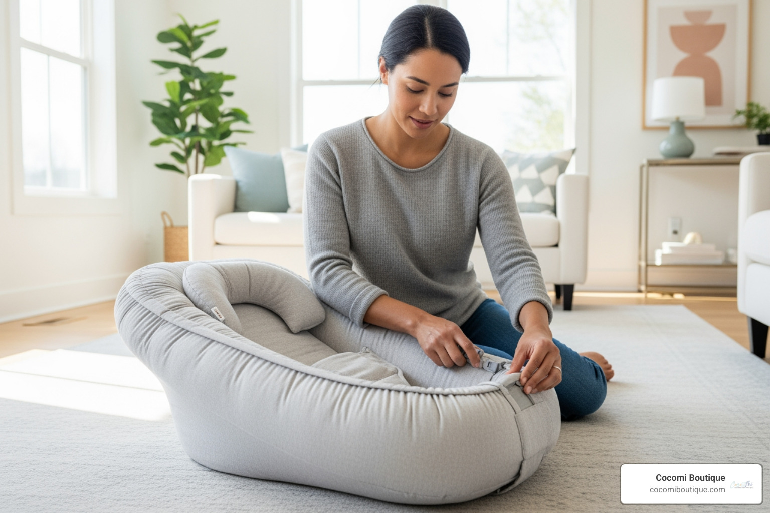 parent examining infant lounger - portable infant lounger