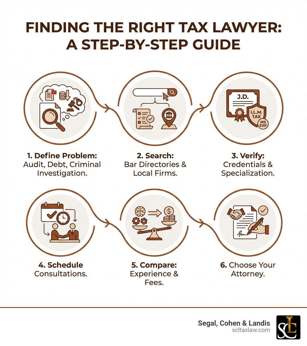 infographic showing step-by-step process: 1. Define your tax problem (audit, debt, criminal investigation), 2. Search Bar Association directories and local firms, 3. Verify credentials and specialization, 4. Schedule consultations, 5. Compare experience and fees, 6. Choose your attorney - tax lawyers around me infographic 